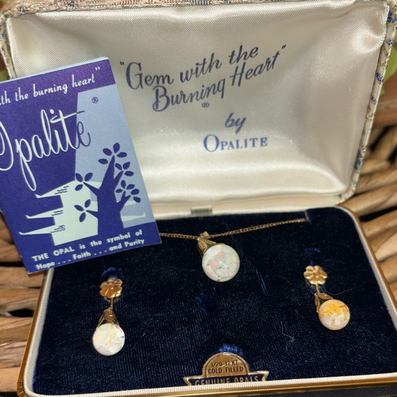 Vintage Necklace and Earrings by Opalite-Gem With The Burning Heart-Original Box